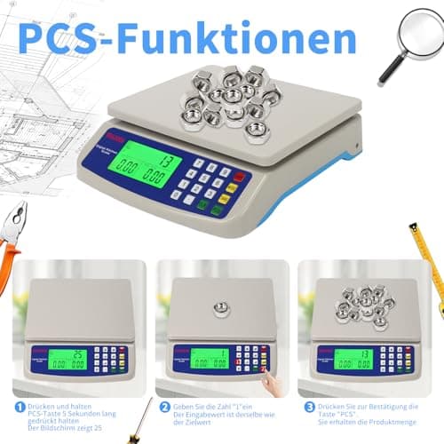 Digitale Küchenauswaage bis 30kg groß LCD-Anzeige mit Tara-Funktion und PCS-Zählwaage, 3 Einheiten Messkonvertierung