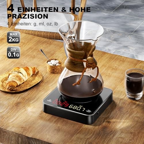 UNIWEIGH Mini-Kaffeewaage mit Timer für Kaffeeverzehrer in der Küche und Bar, 2kg/0,1g Präzisionswaage für Espresso & Po