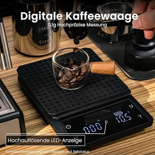 Bemece Wiederaufladbare Digital Kaffeewaage, Kaffeewaage mit Timer, 0,1 g Genauigkeit, Wasserdichte Espresso Waage mit G