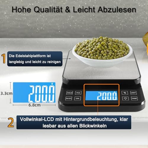 BOMATA 0.1g/5kg Große Küchenwaage, Hochpräzise Bäckereiwaage mit % Funktion, USB aufladbar, Rostfreie Stahlwiegeplatte