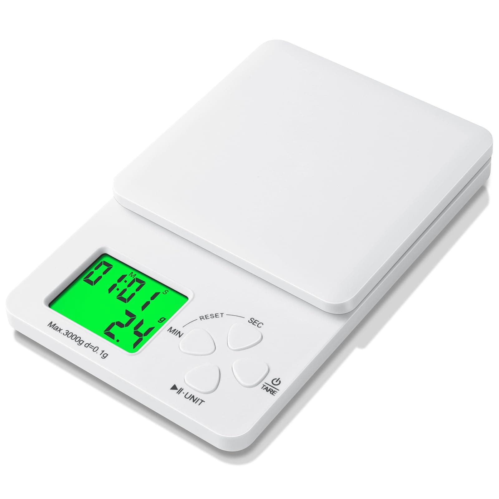 AiQInu Küchenwaage Digital mit Timer für Küchenprofi und -anfänger, 3kg/0.1g Hochpräzise Kaffeewaage, 3kg Küchenwaage mi