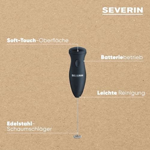 SEVERIN Elektrischer Milchaufschäumer SM 3590, kompakt aus Edelstahl, batteriebetrieben, einfache Handhabung, inkl. 2 Ba