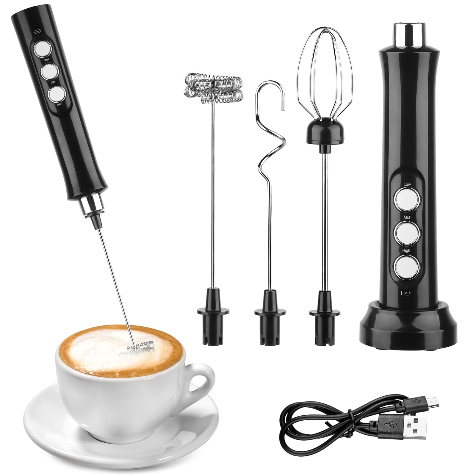 NVIYAM Elektrischer Hand-Held Milk Frother Stab, Drei Quirl, Wiederaufladbar, für Matcha, Cappuccino und Sahne