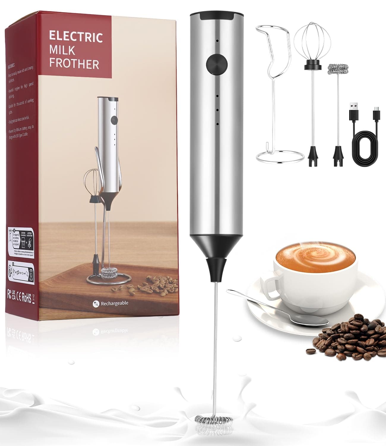 Hixava Elektrischer Milchaufschäumer 3 Geschwindigkeiten Silbrig Schokoladenspike Matcha Milchkaffee