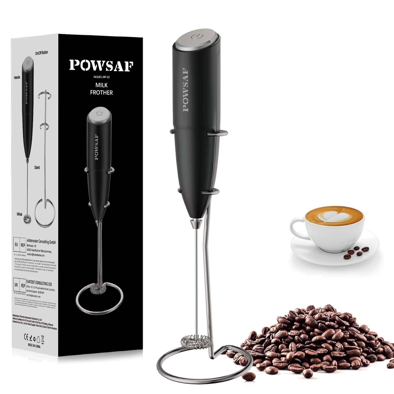POWSAF Schwarz/Silbrig Milchaufschäumer elektrisch mit Ständer, 13000 U/min, ideal für Latte, Cappuccino und Kaffee