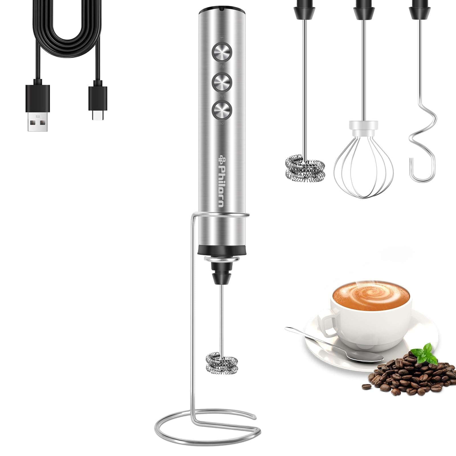 Philorn Elektrischer Milchauflöffel 3-Gang USB-Aufladbar Edelstahl mit 3 Heads für Kaffee/Latte/Cappuccino/Creme/Cocktai