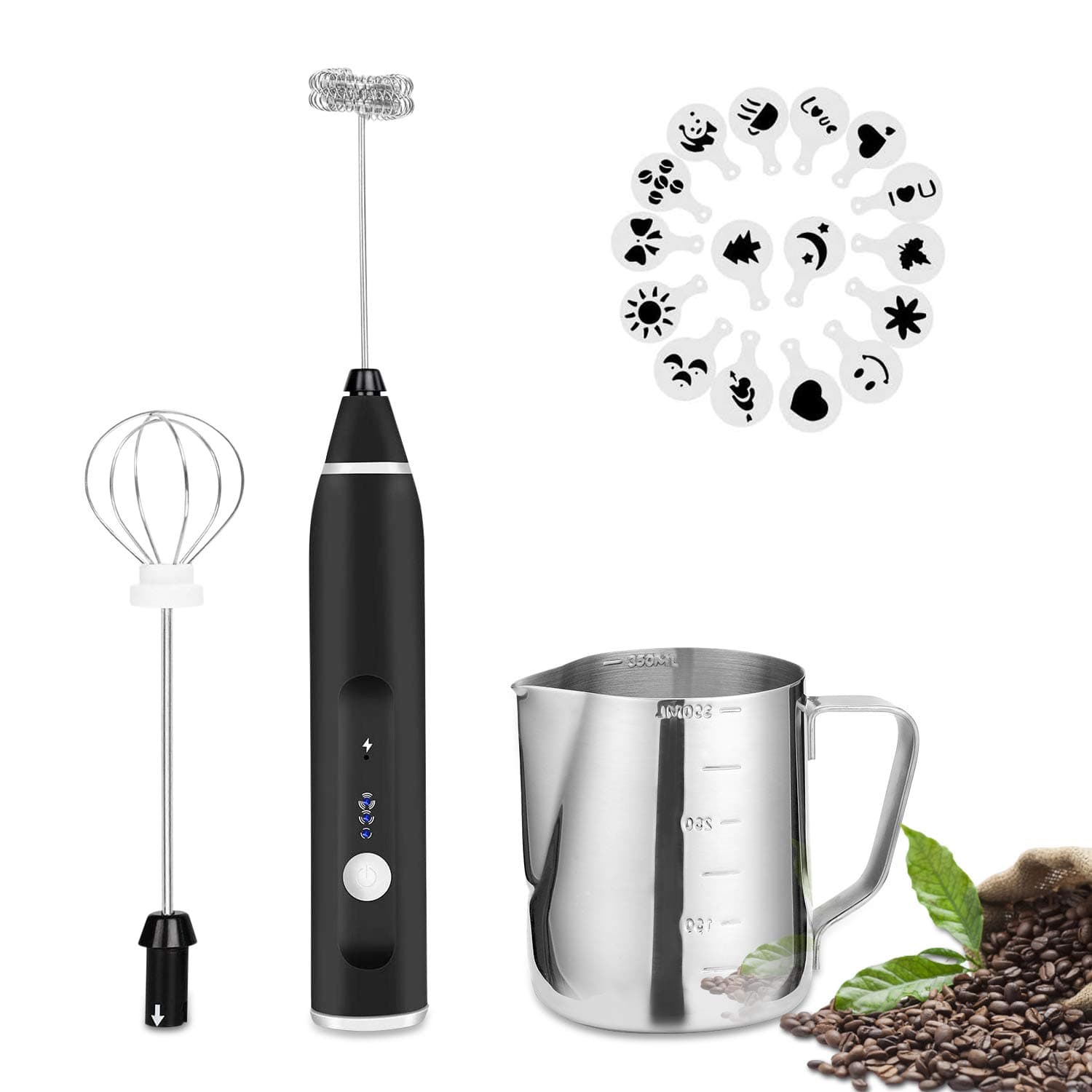 FITNATE Elektrischer Milchaufschäumer für Kaffee und Latte Artig mit 3 Stufen und Edelstahl Schneebesen, 12V aufladbare