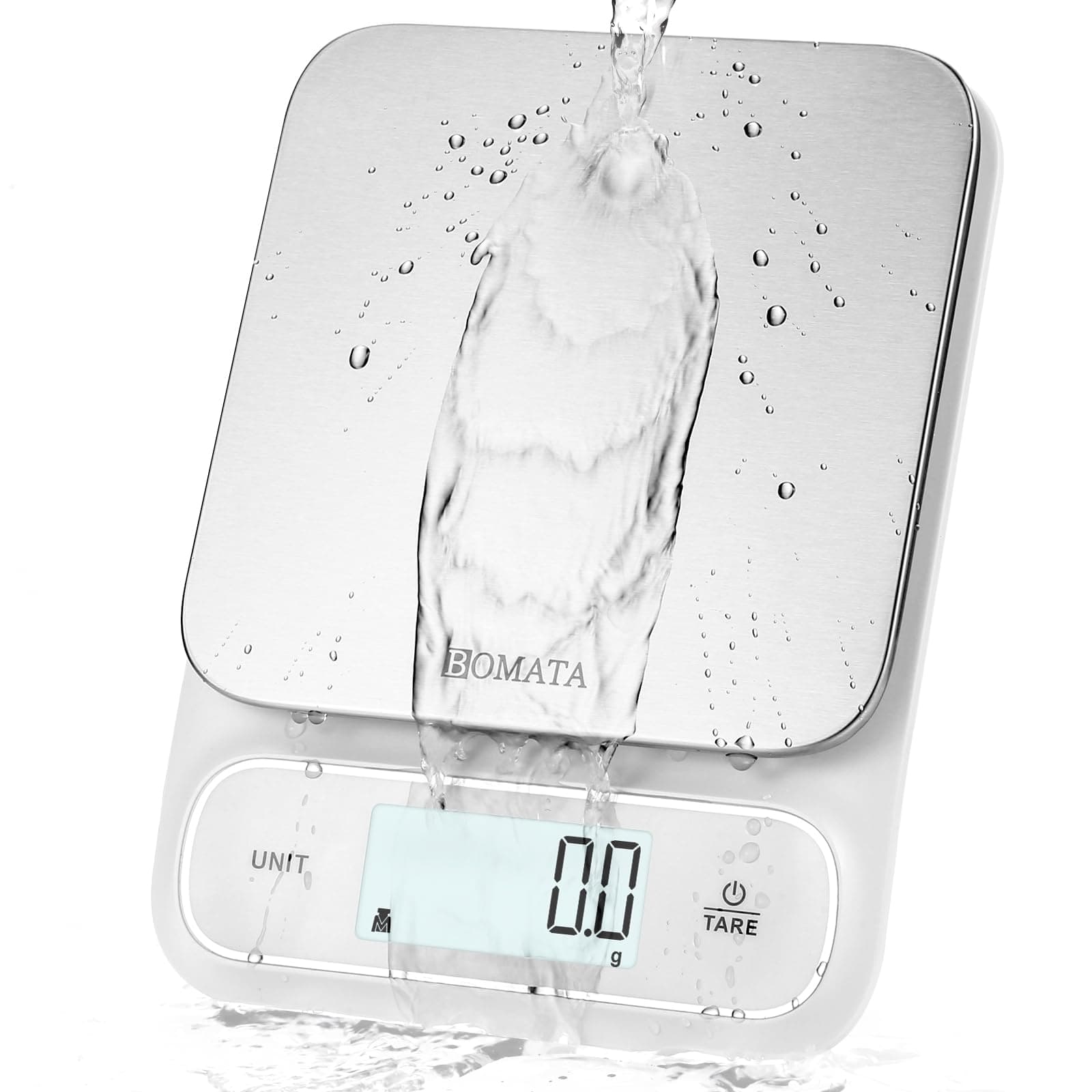 BOMATA Wasserdichte IPX6 Küchenwaage für Küche und Kochen mit Edelstahl-Wageplatte und Hintergrundbeleuchtung - B619 Wei