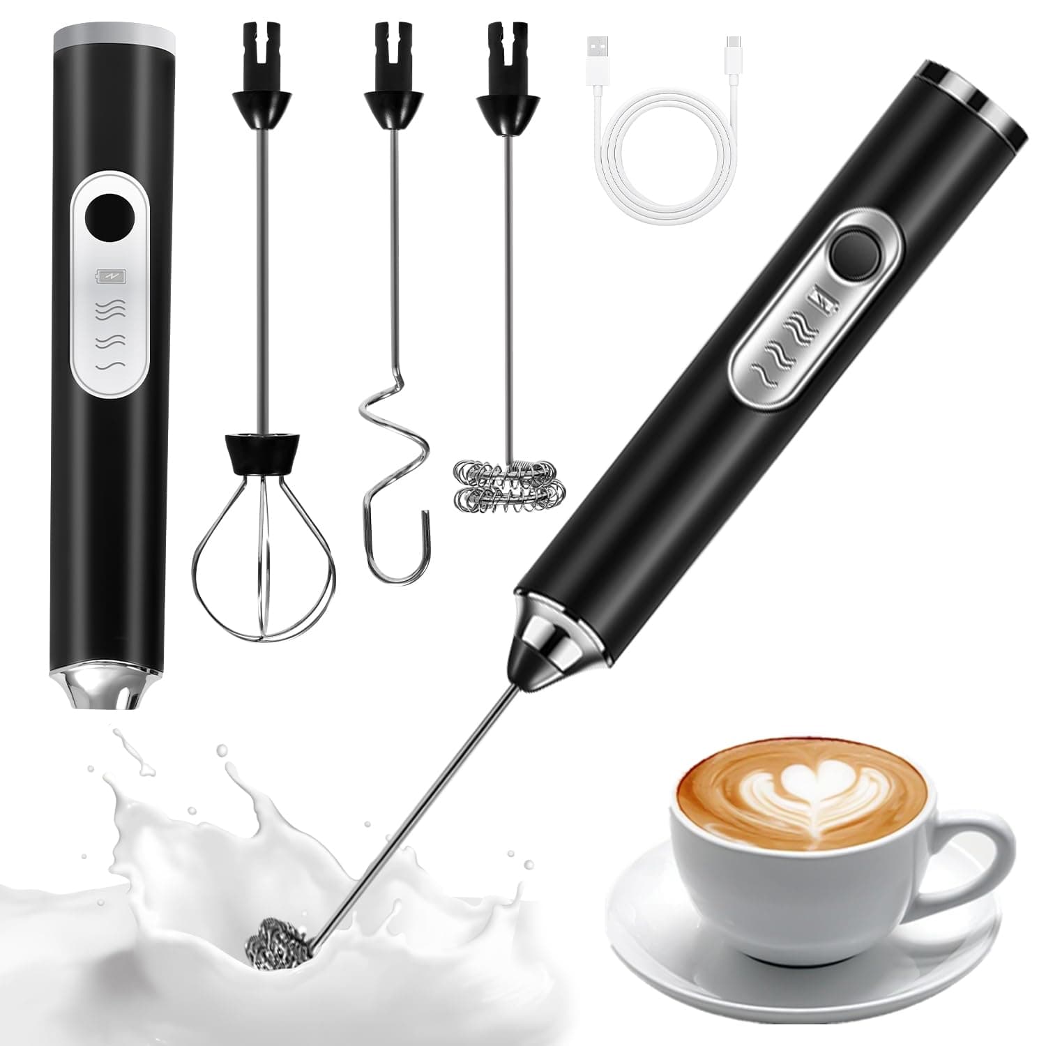TIDEVAN Milchaufschäumer USB Elektrischer für Kaffee, Latte & Sahne mit 3 Schneebesen und 3 Gangstellen