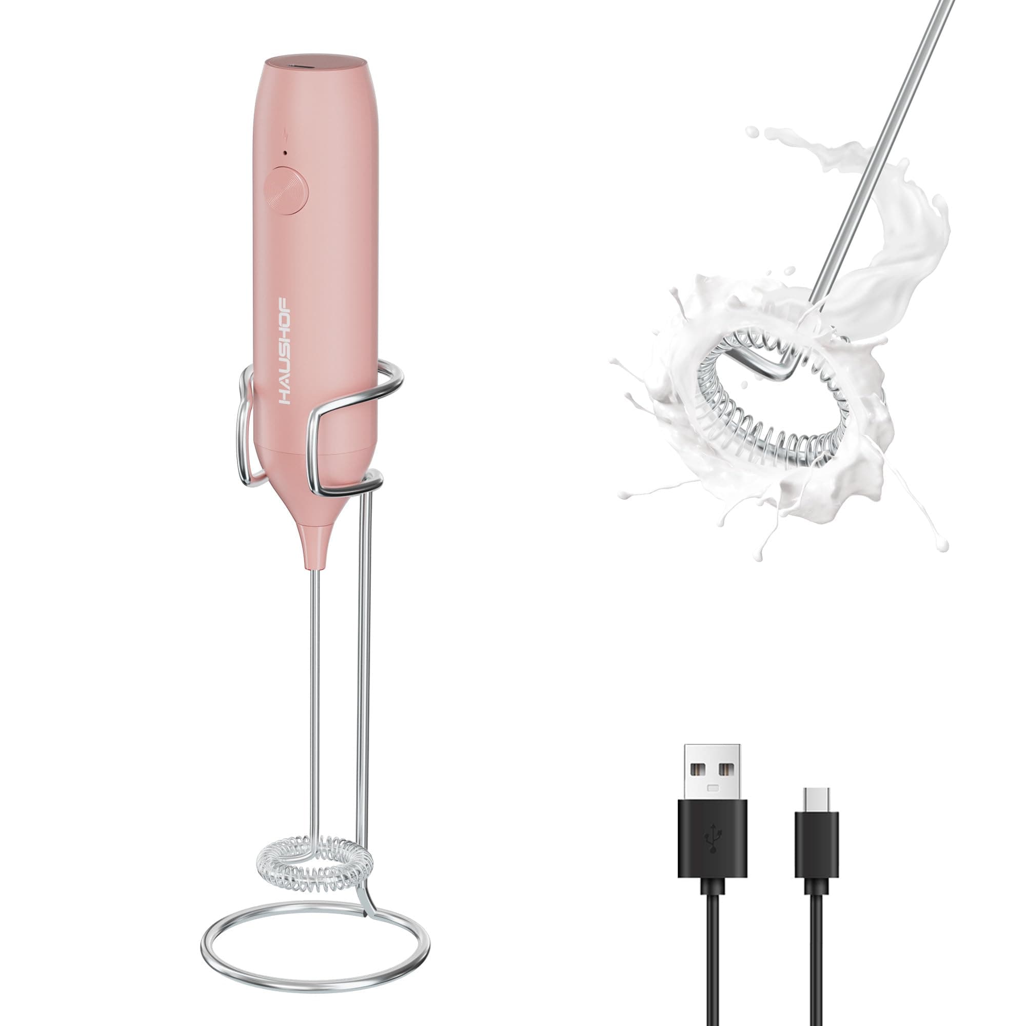 HAUSHOF Milchaufschäumer Stab Rosa - Einfach für Kaffee und Cappuccino, ideal für Hausgebrauch, mit Edelstahl Schneebese