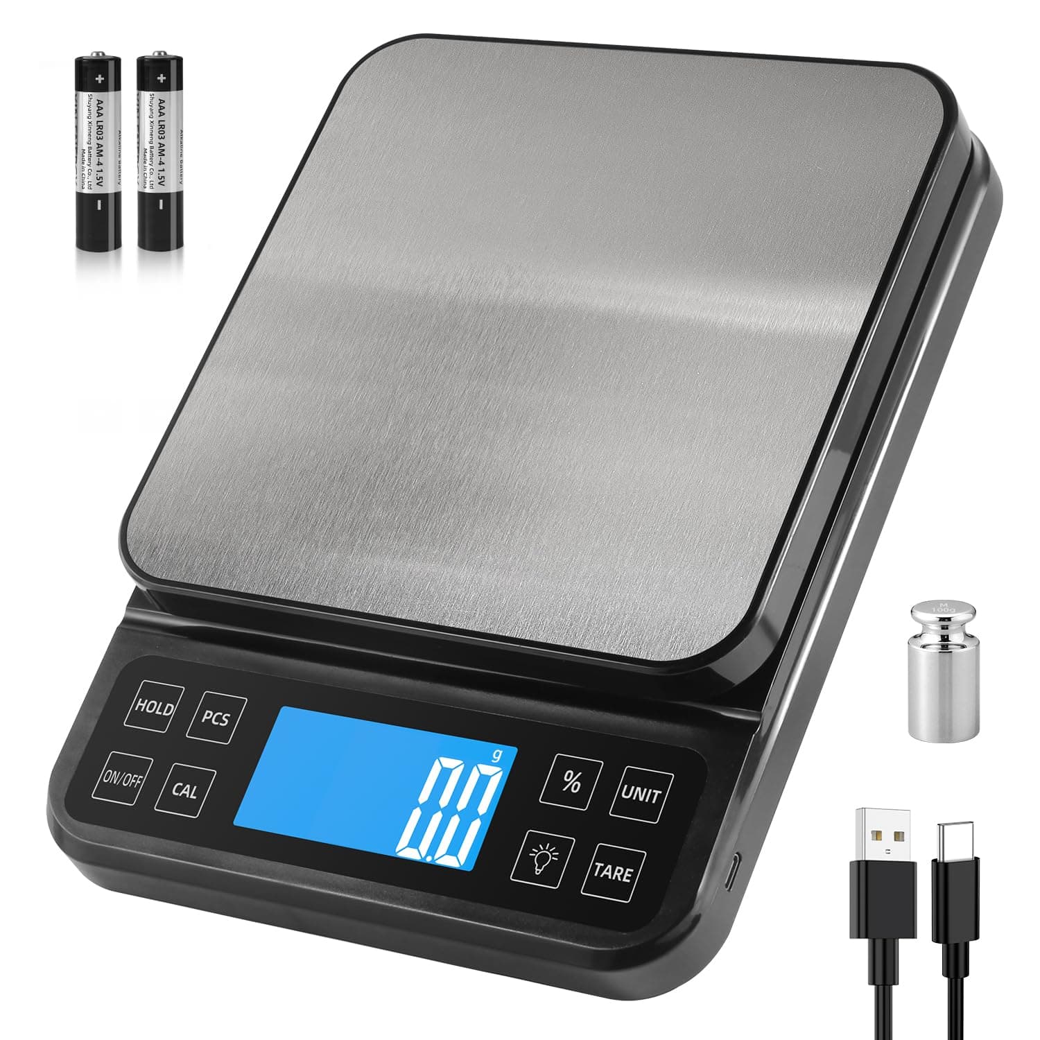 BOMATA 0.1g/5kg Große Küchenwaage, Hochpräzise Bäckereiwaage mit % Funktion, USB aufladbar, Rostfreie Stahlwiegeplatte