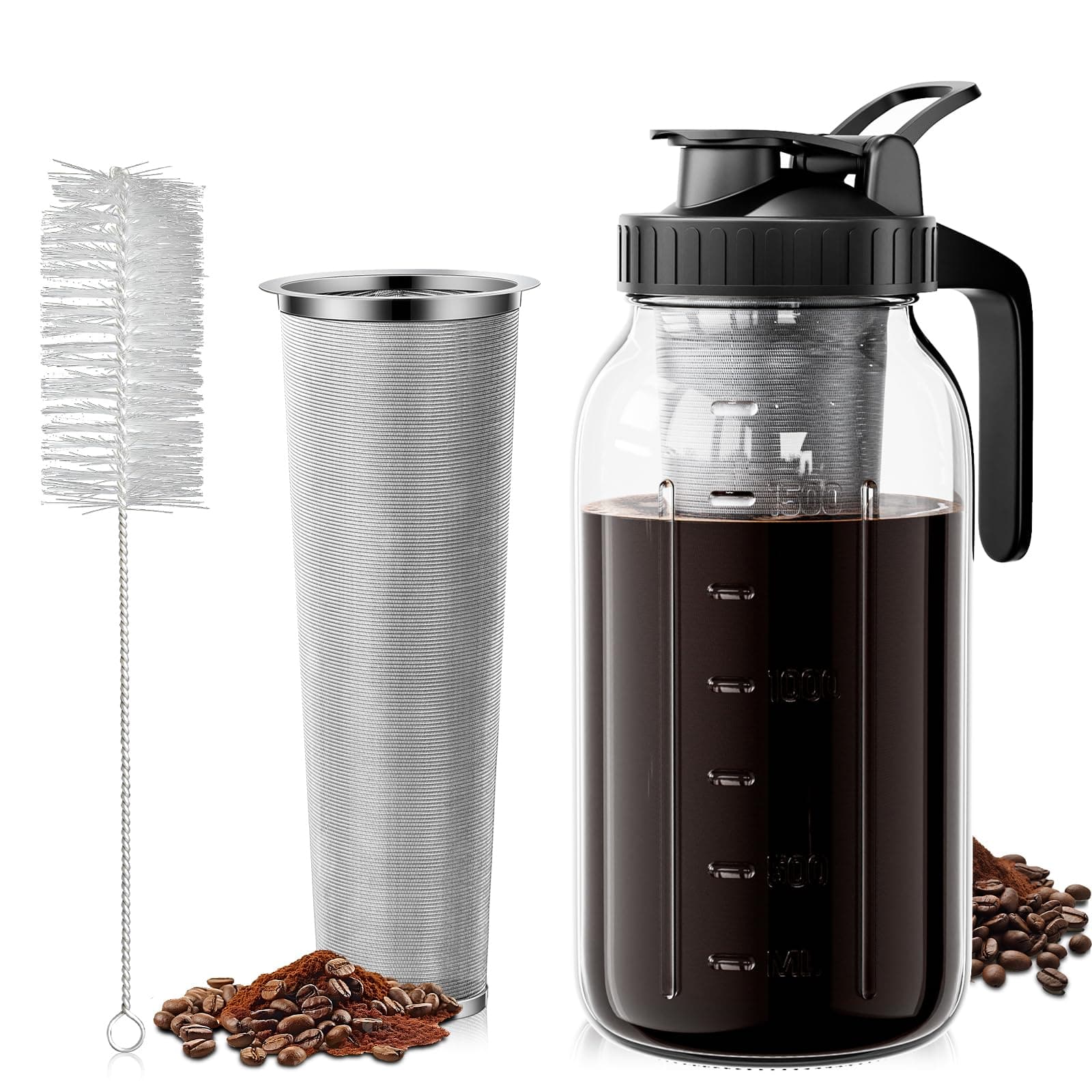 VA1KENE Kaltgebrühter Kaffee - Kein Auslaufen, Edelstahlfilter, Eiskaffee und Eistee (schwarz) 1.8 l Einmachglaskrug