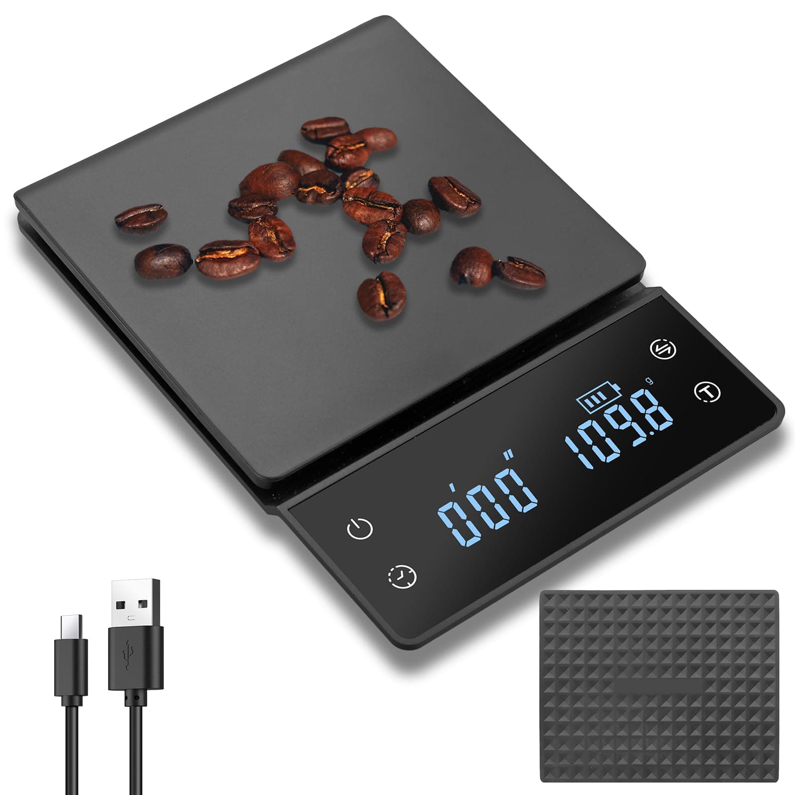 JiGiU Digitale Kaffeewaage für Pour-Over-Kaffee – 3 kg/0,1 g Genauigkeit, großes Display, wiederaufladbar