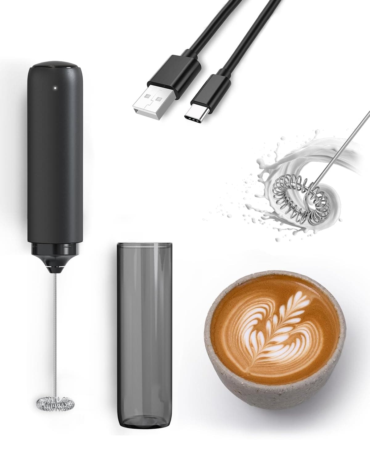Milchaufläderer für Latte Art, Cappuccino und Matcha-Tee elektrisch tragbar mit Cover
| Wiederaufladbarer Milchschäumer