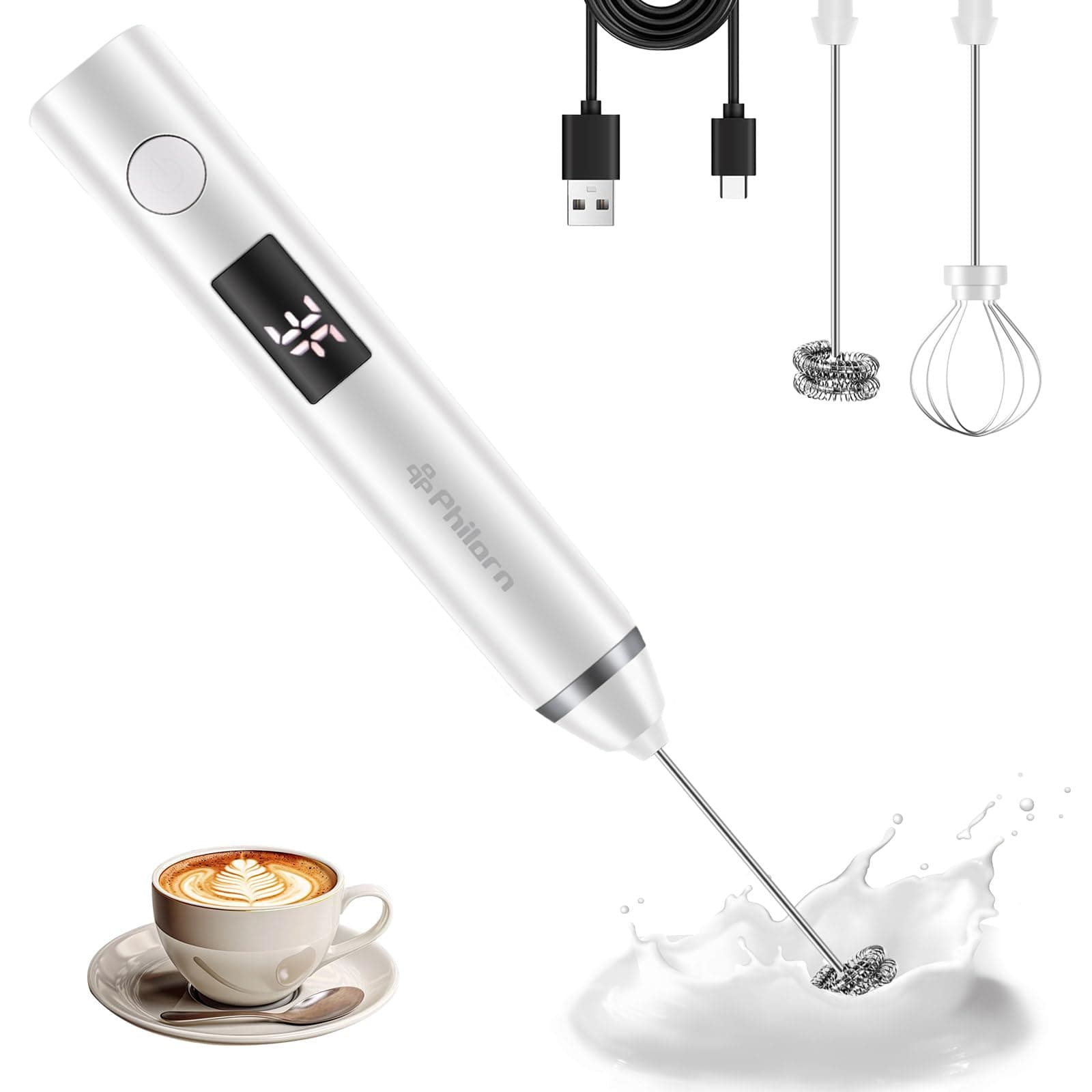 Philorn Elektrischer Milchaufschäumer - Wiederaufladbar via USB-C, LCD-Anzeige, Ideal für Kaffee und Cappuccino