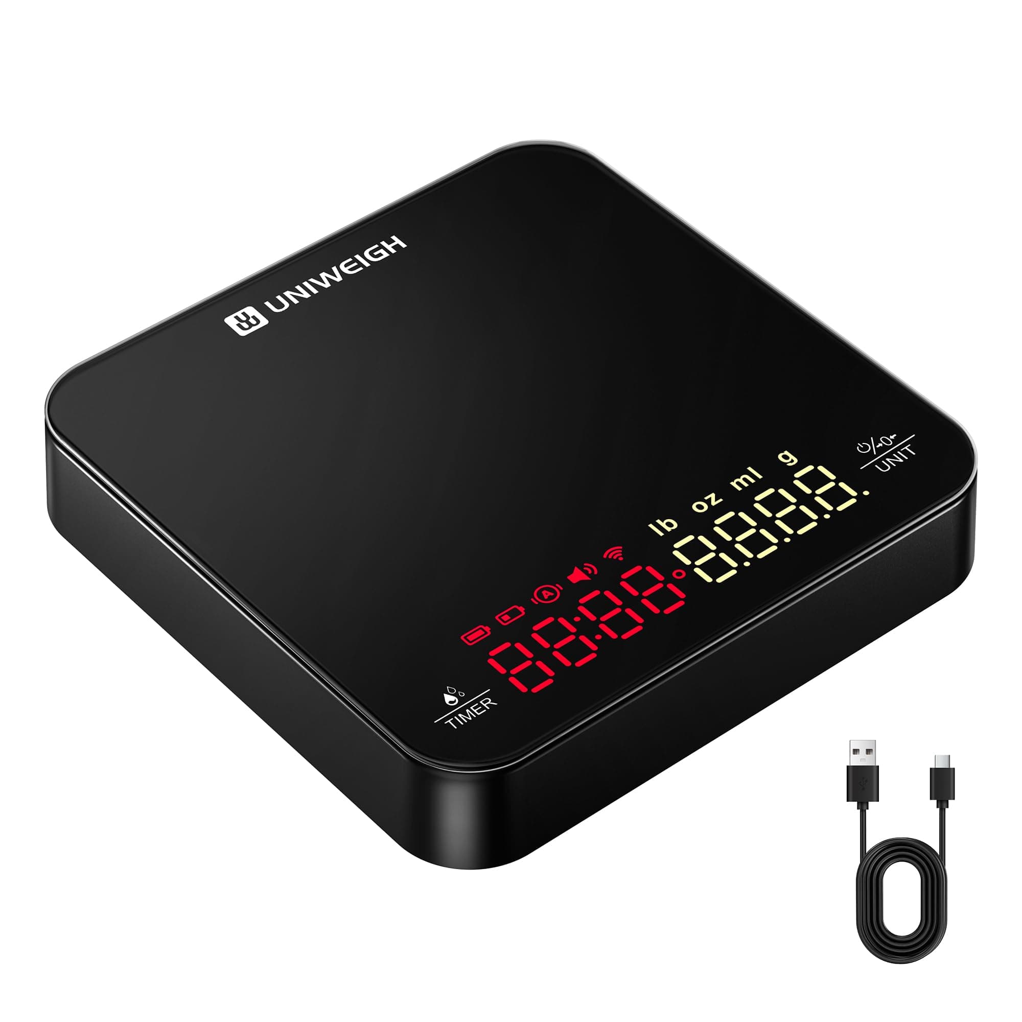 UNIWEIGH Mini-Kaffeewaage mit Timer für Kaffeeverzehrer in der Küche und Bar, 2kg/0,1g Präzisionswaage für Espresso & Po