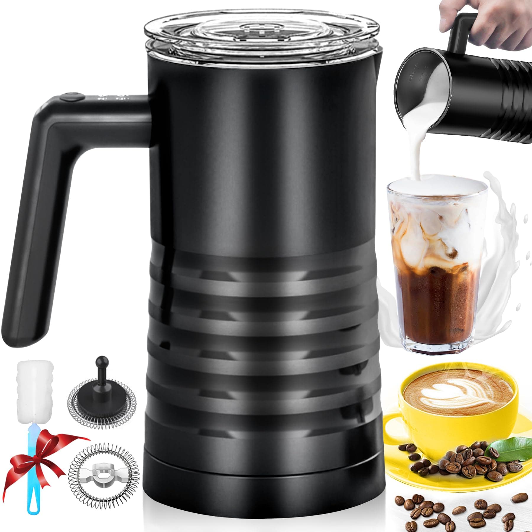 YESLUSY Elektrischer Milchaufschäumer, 4-in-1, leicht zu reinigen, ideal für die Familie, zum Kaffee und Cappuccino, hoh