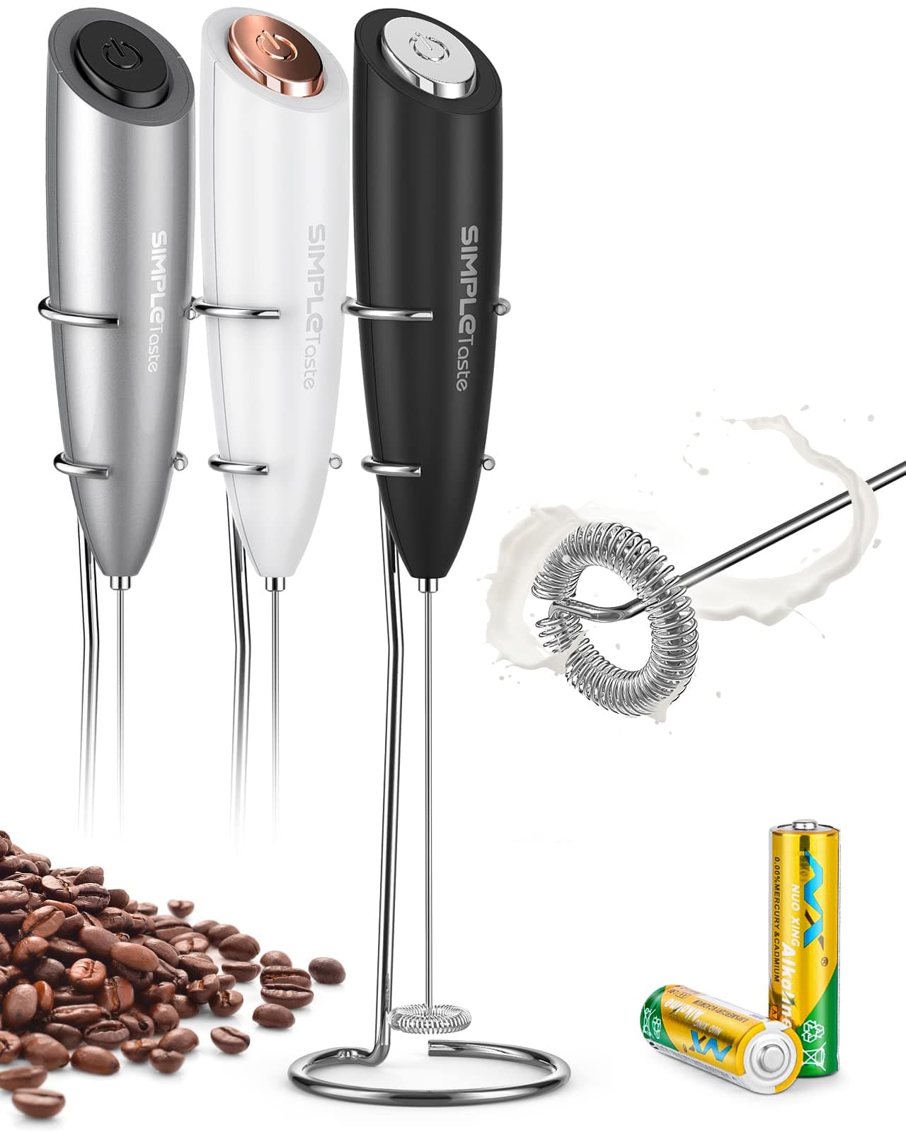 SimpleTaste Elektrischer Milchaufschäumer, 2-Batterietank, Edelstahl Standfuß, Starkmotor, Handheld Schaumbereiter (blac