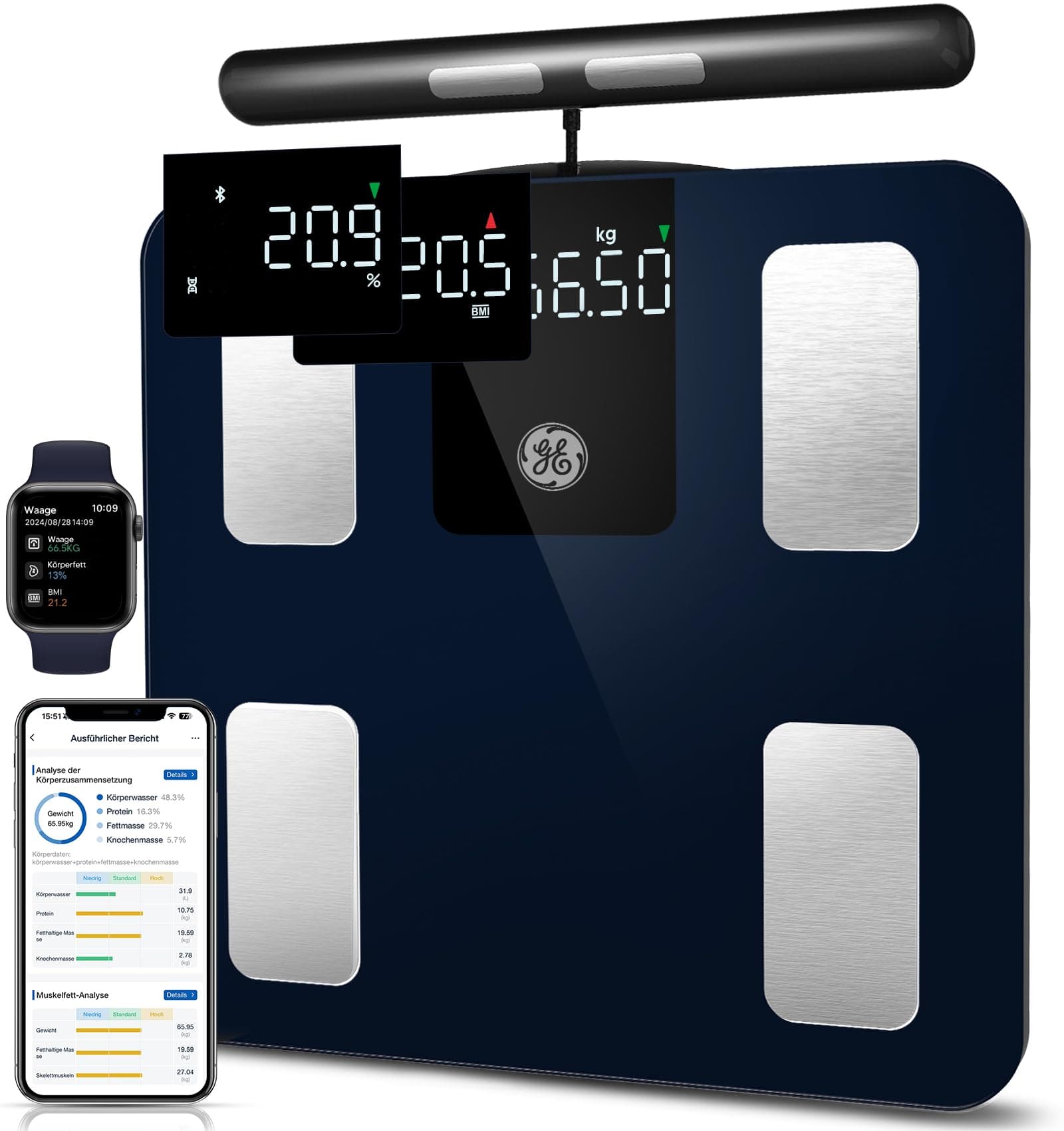GE Körperfettwaage Smart Waage für Personen: Digitale Waage mit Körperfett und Muskelmasse, 180 kg/400 lbs - Perfekte An